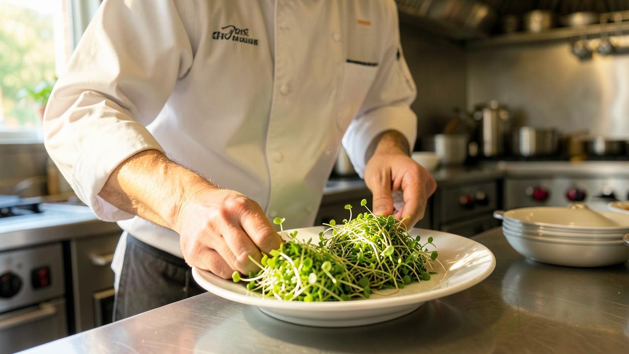 Chef plating a dish with fresh microgreens